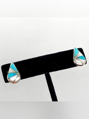 Vtg Navajo Sterling Turquoise & MOP Inlay Teardrop Stud Earrings | 17mm